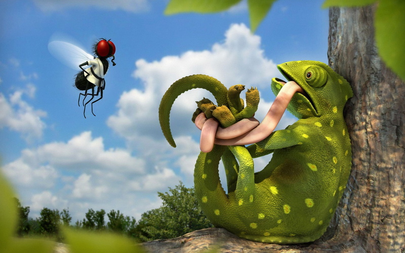 Flies, leisure activity, Trees, day, real people, humor, chameleons, Martial Arts, outdoors, human hand, leaves, one person, 1080P, Tongues, animals, 3d