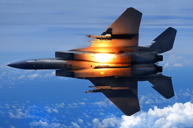 sky, mid-air, air, aircraft, aerospace industry, low angle view, f-15, clouds, on the move, fighter, 1080P, jet, airplane, day, cloud - sky, no people