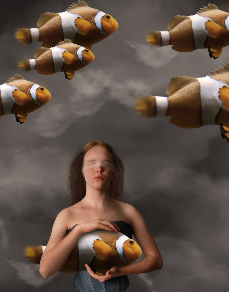 unreal, one person, surreal, young adult, one woman only, mid-air, dreaming, food, surrealistic, orange color, releasing, cloud - sky, people