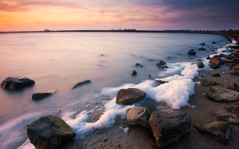 surface, sunset, ocean, sea, rocks, tension, foam, water, 2K