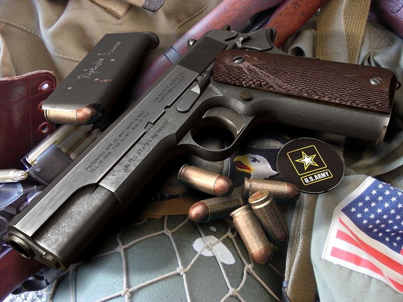 Colt 1911, gun, security, still life, social issues, military, weapon, communication, Weapons, indoors, high angle view, flag, patriotism, handgun, violence
