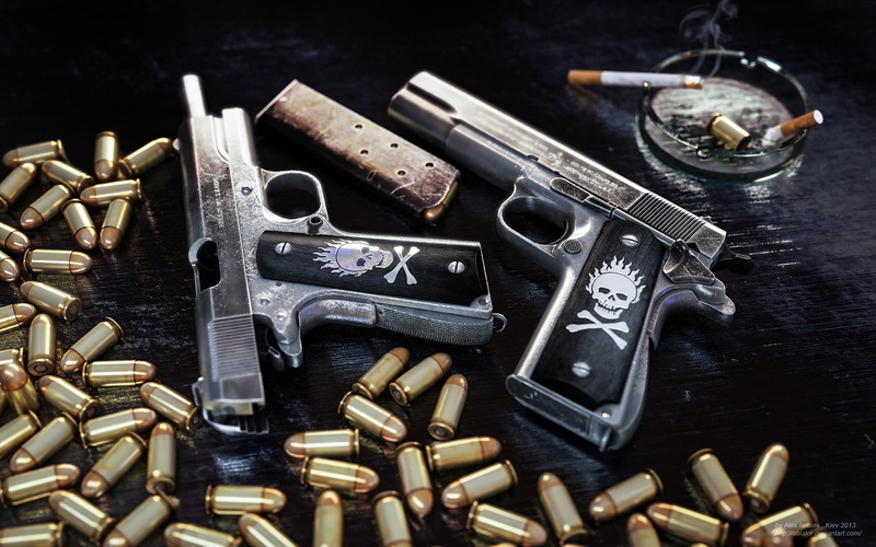 security, social issues, gray, pistols, Colt, cigarette, handgun, close-up, 1911, abundance, metal, two, gun, weapon, guns, table, black, ammunition, communication