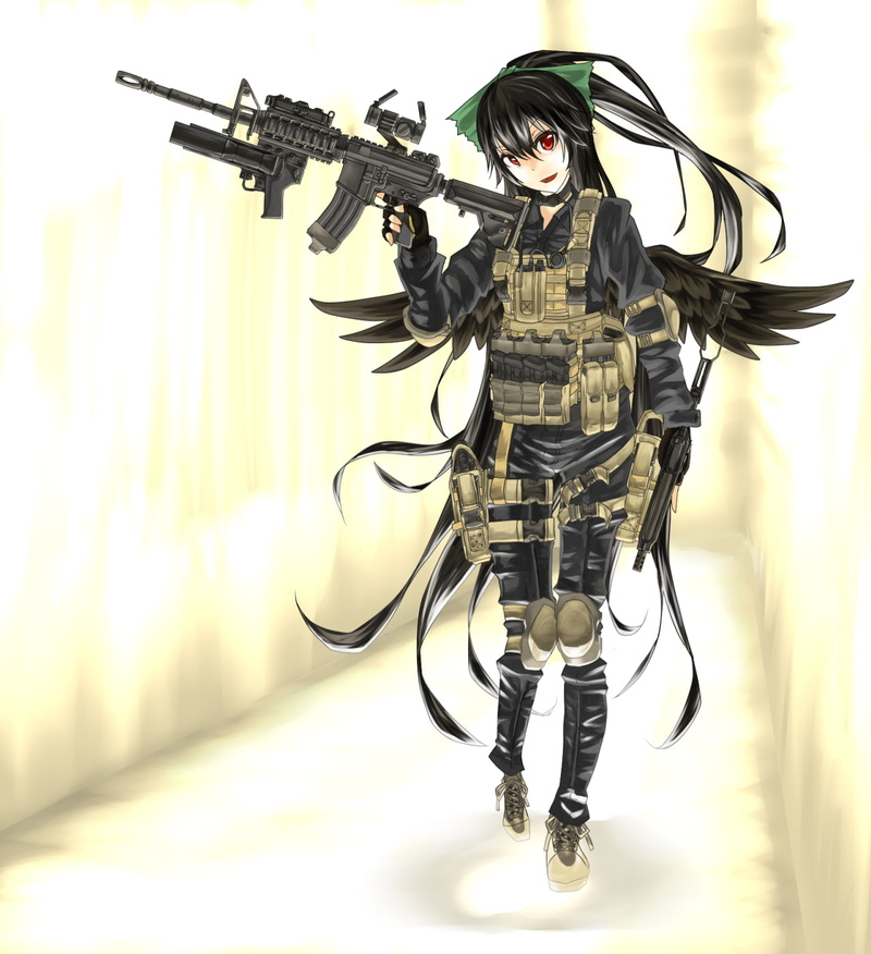 720P, wings, Reiuji Utsuho, weapon, uniform, anime girls, Touhou, anime, Beretta 93R