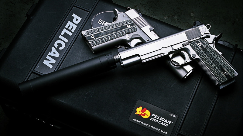 photo, 4K, pistol, silencer, ACP pistol, pelican, Dan Wesson M1911