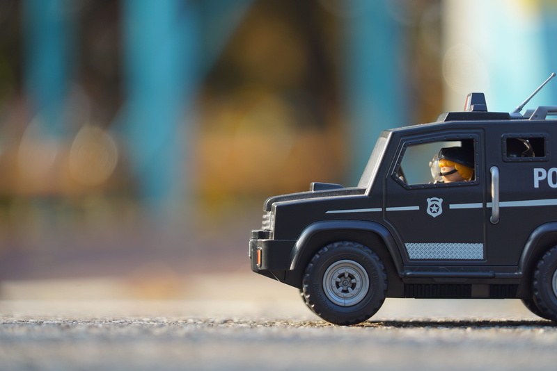 Police, suppressors, day, close-up, police, no people, Police Truck, swat, city, Playmobil, outdoors, focus on foreground, mode of transportation, road
