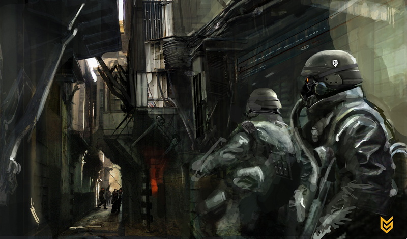 occupation, industry, people, Killzone, factory, rear view, indoors, sculpture, video games, two people, representation, male likeness, digital art, 2K