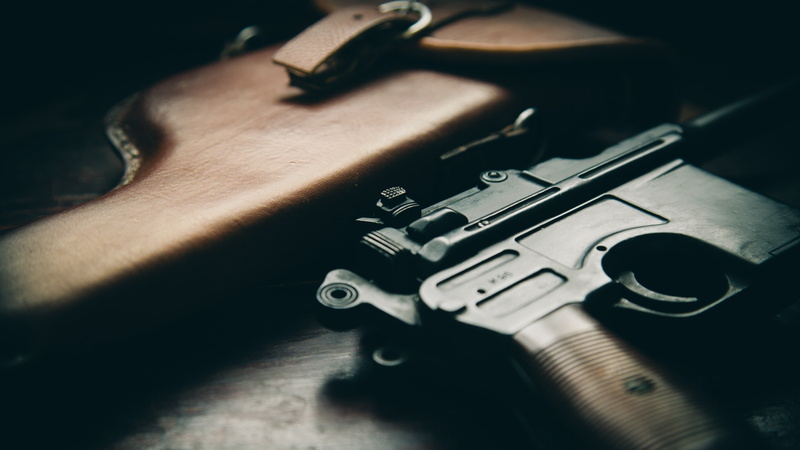 gun, aggression, Mauser C96, sign, holster, black, weapon, communication, crime, weapons, close-up, indoors, warning sign, handgun, violence, human hand