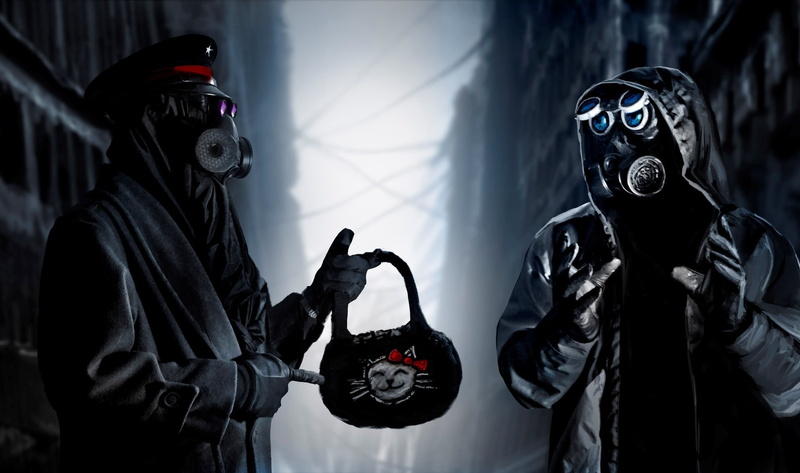 indoors, clothing, human representation, sci, mystery, Dark, disguise, Futuristic, communication, standing, waist up, holding, unrecognizable person, obscured face