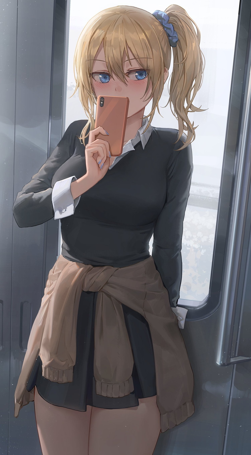 anime, school uniform, 2D, blushing, ponytail, standing, black sweater, smartphone, miniskirt, thighs, Kaguya-Sama: Love is War, big boobs, bangs, anime girls
