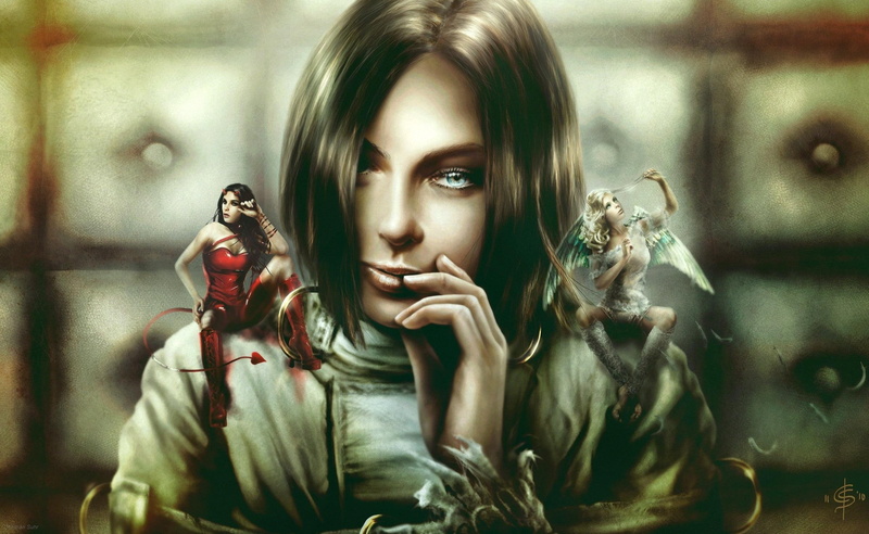 young women, contemplation, real people, beauty, adult, illustration, woman, painting, portrait, thinking, looking at camera, one person, decision making