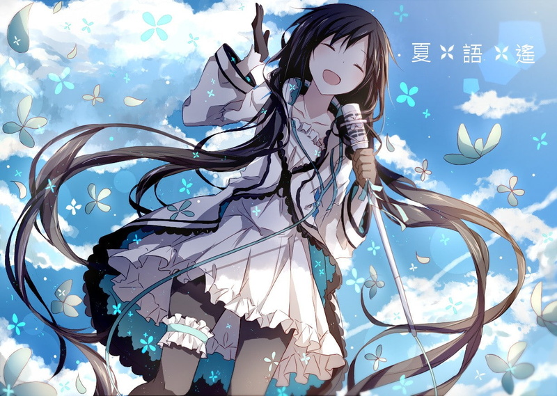 480P, anime, petals, Xia Yu Yao, headphones, long hair, white dress, clouds, tights, Utau, anime girls, ribbon, zippers, microphone