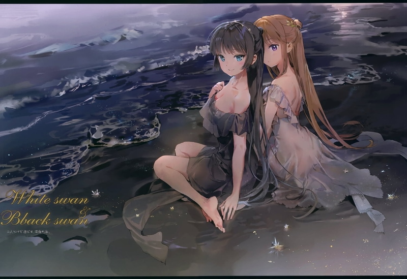 cleavage, dress, beach, barefoot, green eyes, ponytail, purple eyes, water, Anmi, 720P, black hair
