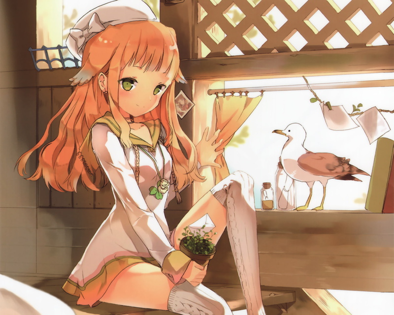 anmi, hair, bird, animal, girls, original, 720P, hat, long, thighhighs