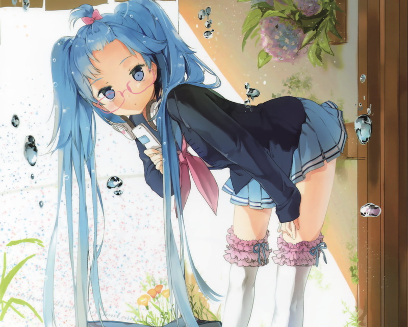 glasses, 720P, Anmi, twintails, aqua eyes, skirt, water, Vocaloid, aqua hair, thighhighs, Hatsune Miku