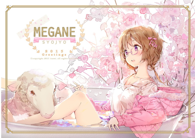 flowers, sheep, eyes, short, 720P, glasses, bathtub, purple, original, water, anmi, ribbons, bath, twintails, barefoot, animal, hair, brown
