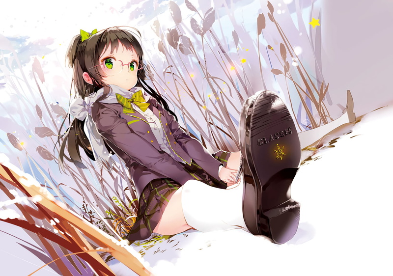 720P, snow, bow, skirt, Anmi, scan, glasses, green eyes, scarf