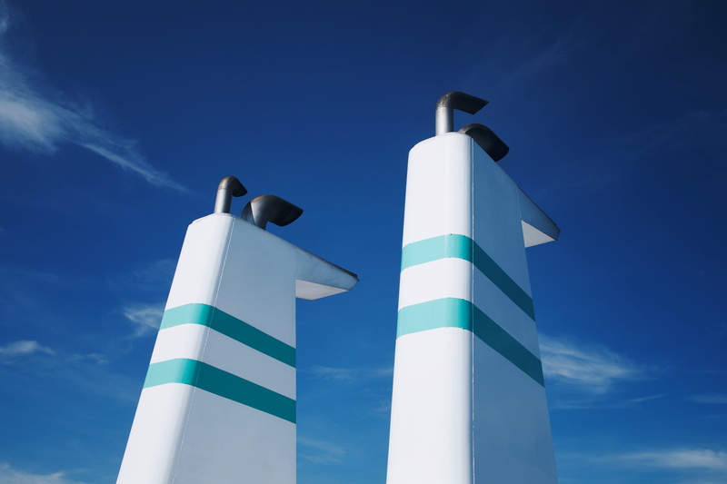 air, cloud - sky, ship, chimney, 4K, outdoors, sky, building, pole, architecture, vents, striped, guidance, white color, day, two, lighting equipment