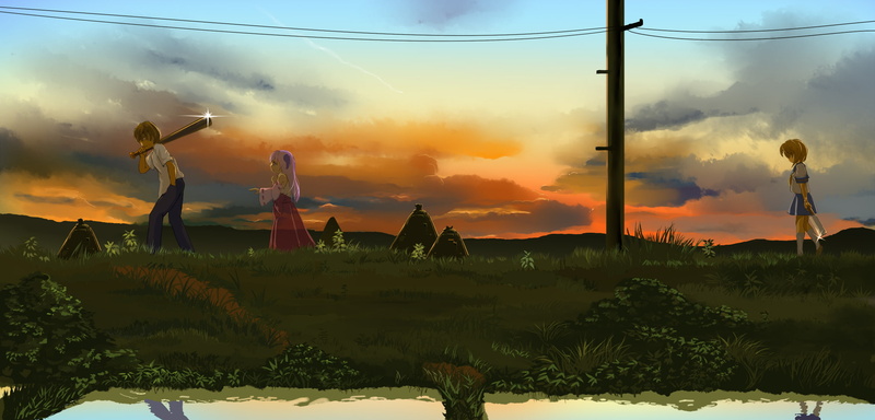 keiichi, sakanami, weapon, naku, horns, seifuku, higurashi, maebara, clothes, ryuuguu, 1080P, koro, rena, japanese, clouds, hanyuu, kneehighs, sky
