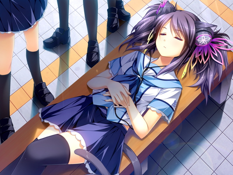 infinity, catgirl, animal, kneehighs, thighhighs, seifuku, sleeping, otomimi, headphones, hair, ears, tail, game, purple, mayoi, suzune, 720P