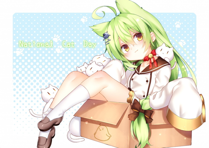 lane), long, green, yellow, (azur, 261129, smile, 720P, hair, blush, catgirl, lane, com, konachan, eyes, azur, akashi, anthropomorphism, cat, animal, kneehighs