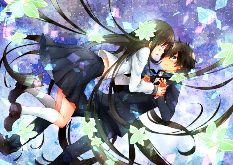 hair, skirt, eyes, long, seifuku, 720P, eru, oreki, green, flowers, kneehighs, chitanda, yama, bukiiro, hyouka, brown, short, purple, houtarou