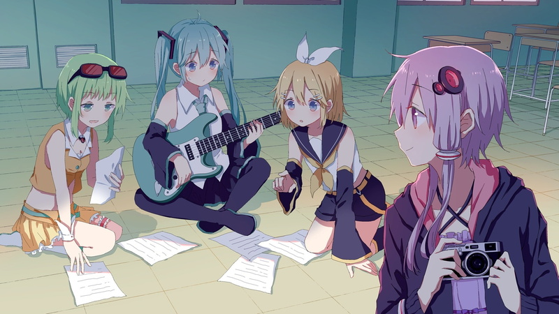 camera, 249206, com, gumi, short, instrument, tie, aliasing, green, vocaloid, hair, voiceroid, 720P, kneehighs, konachan, group, paper, eyes, guitar, glasses