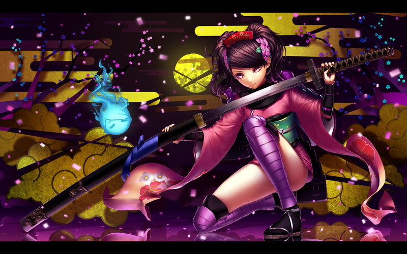 1080P, oboro, short, eyes, weapon, headdress, hair, momohime, clothes, black, pink, japanese, kneehighs, muramasa, master kouhei, sword, katana