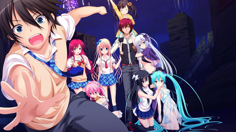 long, kneehighs, game, pink, headband, idea, gensou, brown, seifuku, red, aqua, hair, group, 2K, blue, white, twintails, night, eyes