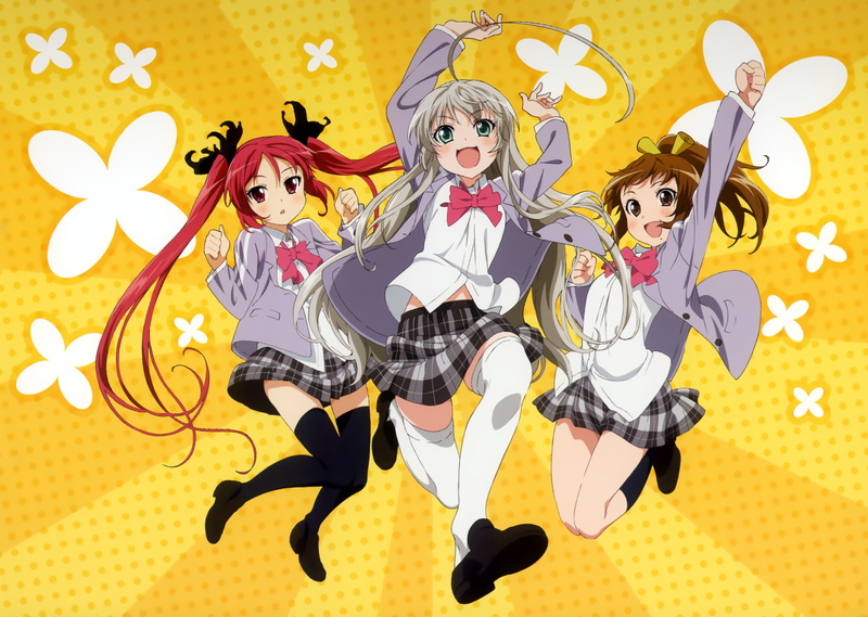 bow, red, ponytail, tagme, 2K, seifuku, brown, haiyore, nyaruko san, twintails, kuuko, gray, eyes, thighhighs, green, skirt, long, hair, kneehighs, nyaruko