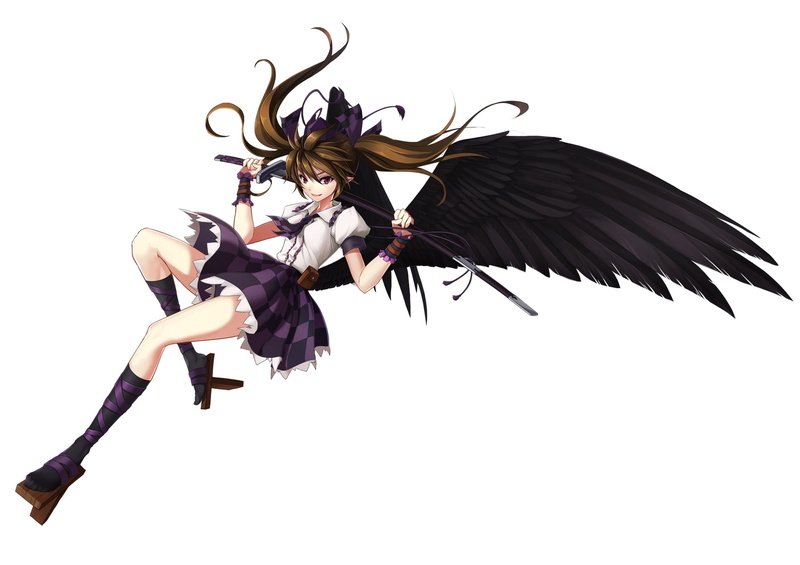 shinebell, white, touhou, twintails, hatate, weapon, kneehighs, himekaidou, 720P, brown, katana, wings, hair, sword