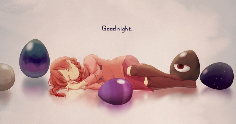 sleeping, konachan, braids, 254512, long, com, skirt, twintails, hair, 720P, (artist), yume, tagme, madotsuki, kneehighs, red, nikki