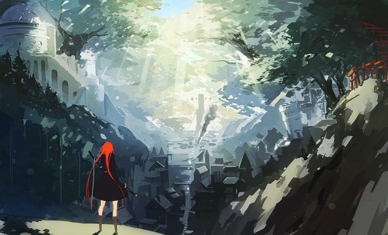 fantasia, twintails, city, hair, lia sama, weapon, dress, katana, long, 720P, red, sword, torii, tree, building, kneehighs, pixiv