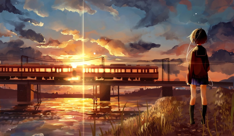 sunset, 1080P, hair, train, konachan, short, dark, water, clouds, 245780, kneehighs, scenic, headphones, seifuku, grass, yuzua, skirt, original, com