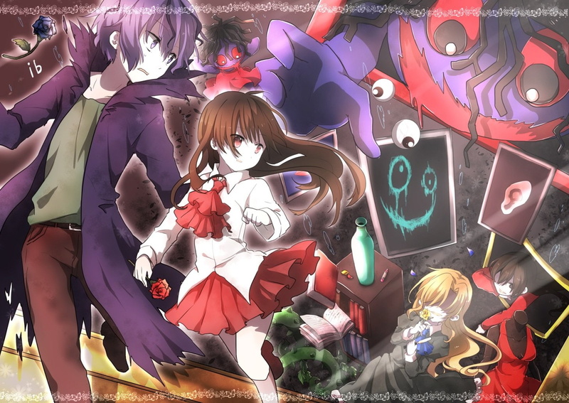 purple, blonde, tie, eyes, gary, hair, short, flowers, kneehighs, skirt, loli, brown, 720P, mary, book, red, (ib), rose, dress, male