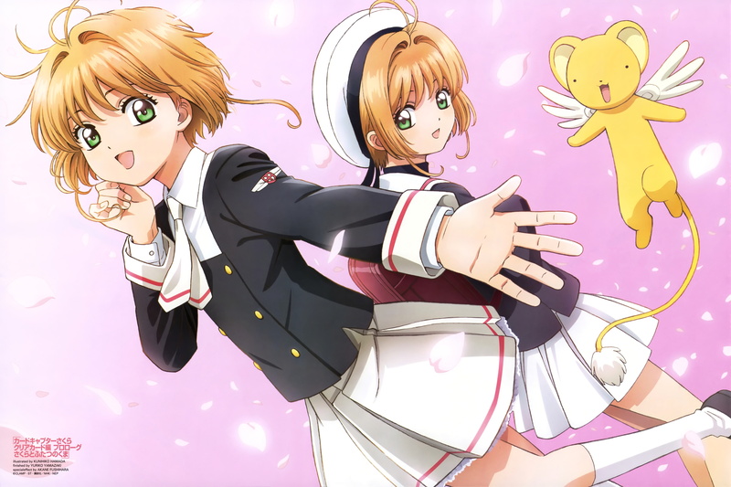 hair, eyes, hamada, gradient, brown, sakura, kneehighs, green, skirt, konachan, watermark, petals, short, kunihiko, kinomoto, com, 5K, kero, hat, seifuku