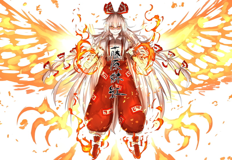 wall - building feature, male, floral pattern, still life, spirituality, art and craft, orange eyes, religion, wings, Fujiwara no Mokou, indoors