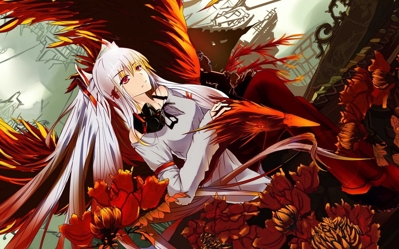 vulnerability, Fujiwara no Mokou, growth, petal, plant, leaf, anime girls, flower head, close-up, red eyes, flower, low angle view, outdoors, fragility