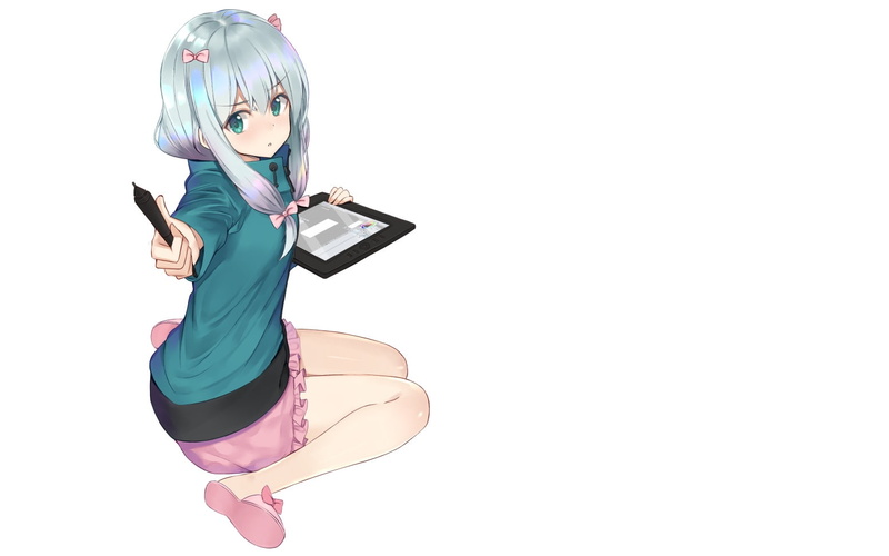 white  background, Izumi Sagiri, Eromanga-sensei, 720P, gray hair, shorts, hoods, loli, green eyes, long hair