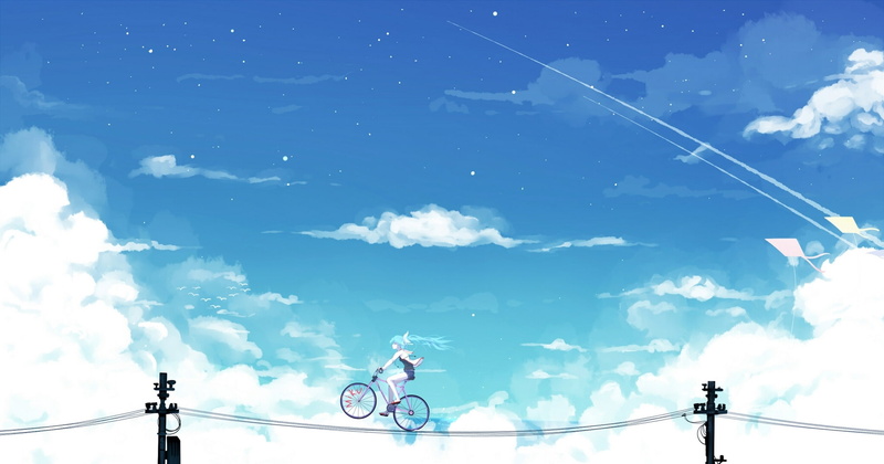 bai yemeng, the sky, clouds, anime, hatsune miku, girl, bike, art, vocaloid, 1080P, wire