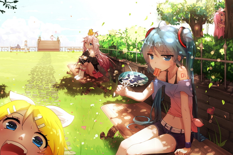 plant, domestic animals, bai yemeng, ice cream, vocaloid, nature, 1080P, animal wildlife, hatsune miku, human representation, tree, domestic, kagamine rin