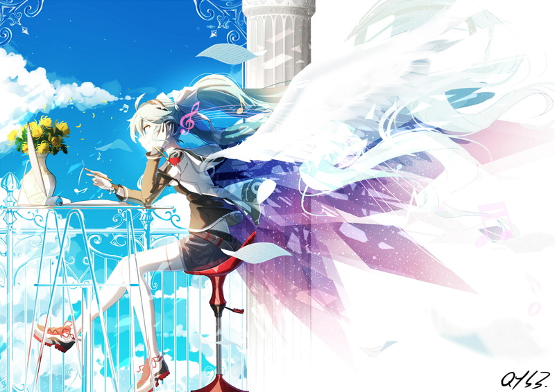 aqua, yemeng, long, building exterior, art and craft, nature, flowers, hoodie, women, digital composite, clouds, bai, hatsune, unrecognizable person, com