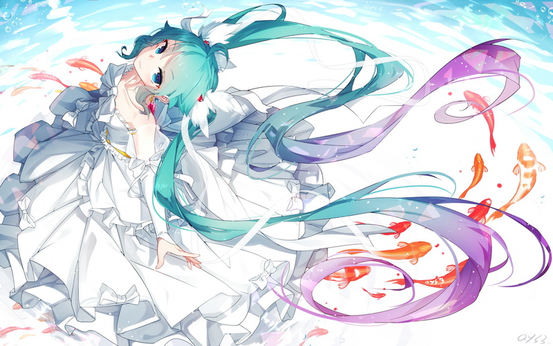hatsune, fish, aqua, 720P, dress, bai, vocaloid, konachan, long, hair, animal, miku, signed, eyes, com, twintails, yemeng, 254892, bow