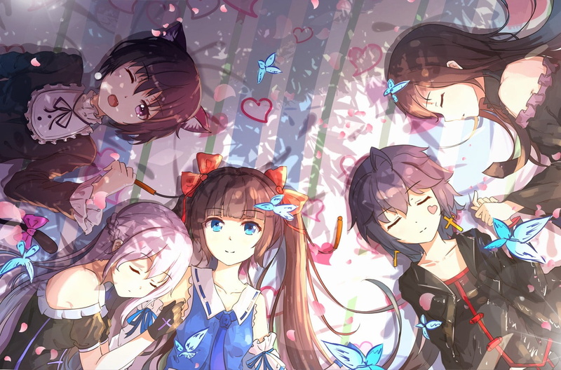 nekomimi, 720P, short hair, sleeping, long hair, Pixiv Fantasia T, Ling, original characters, twintails, flower petals, Cattleya, ribbon, Tian Ling Qian Ye