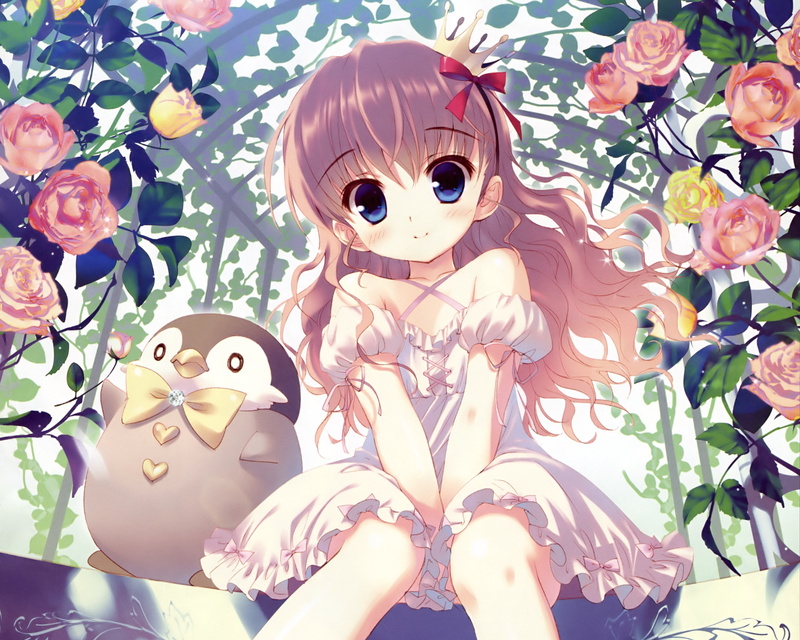 penguins, 2K, anime girls, lovely, flowers, anime, 2886x2309, girls