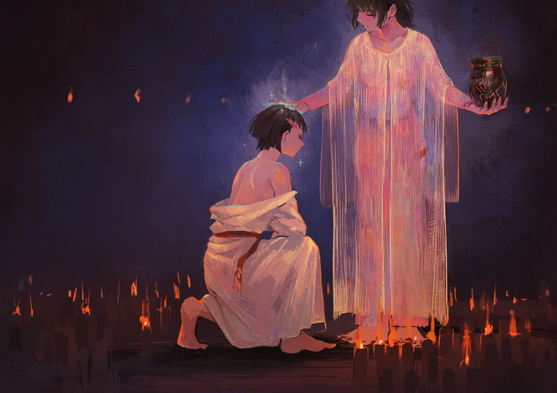 anime girls, RedAkanekoCat, bare shoulders, black hair, candles, see-through clothing, digital art, drawing, white clothing, Pixiv Fantasia, 720P, kneeling