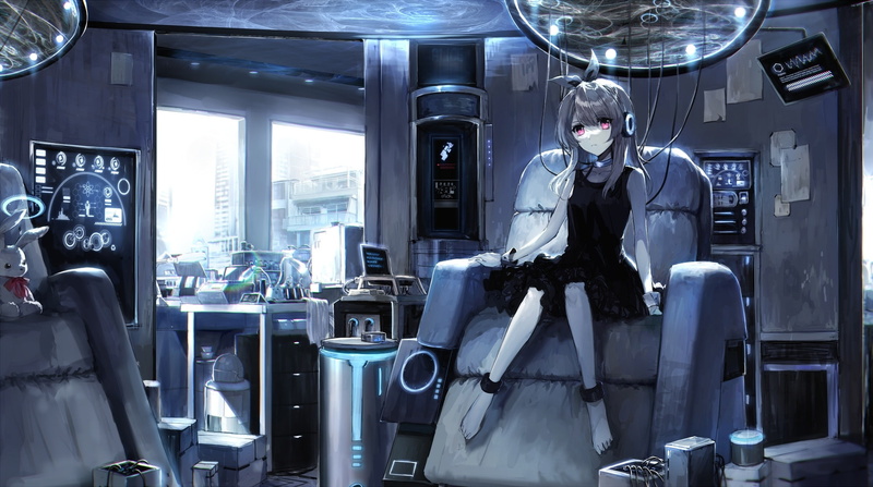 sci-fi, industry, black dress, expertise, Anime, skill, young adult, polychromatic, sitting, standing, day, adult, casual clothing, real people, three quarter length