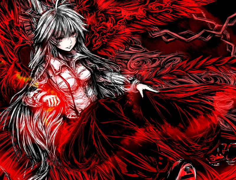 mokou, acryl, red, eyes, polychromatic, bow, fujiwara, hair, touhou, 720P, long