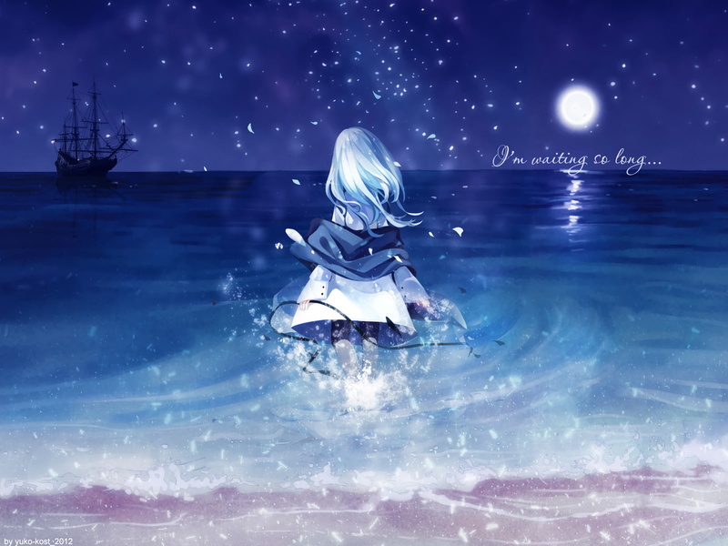 night, original, 720P, signed, polychromatic, artist, water, boat, tagme, aqua, hair, long, moon, petals, beach