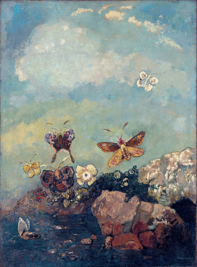 polychromatic, flowers, surreal, butterflies, symbolism, impressionism, fantasy art, watercolor, polychrome, artwork, oil painting, Odilon Redon, 4K, traditional art