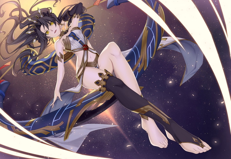 tohsaka, grand, barefoot, black, (series), hair, long, navel, eyes, rin, fate, yellow, 720P, order, aliasing